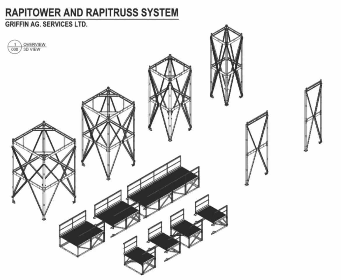 Line drawing of RapiTower and RapiTruss components: square towers of several heights, 2-post frames and catwalk sections with handrails